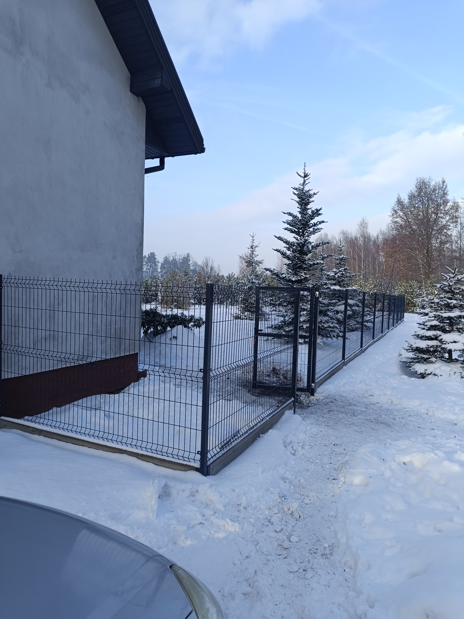 Zimowy krajobraz z nowoczesnym, metalowym ogrodzeniem panelowym, przylegającym do budynku. Śnieg pokrywa teren, a w tle widoczne drzewa iglaste i liściaste.