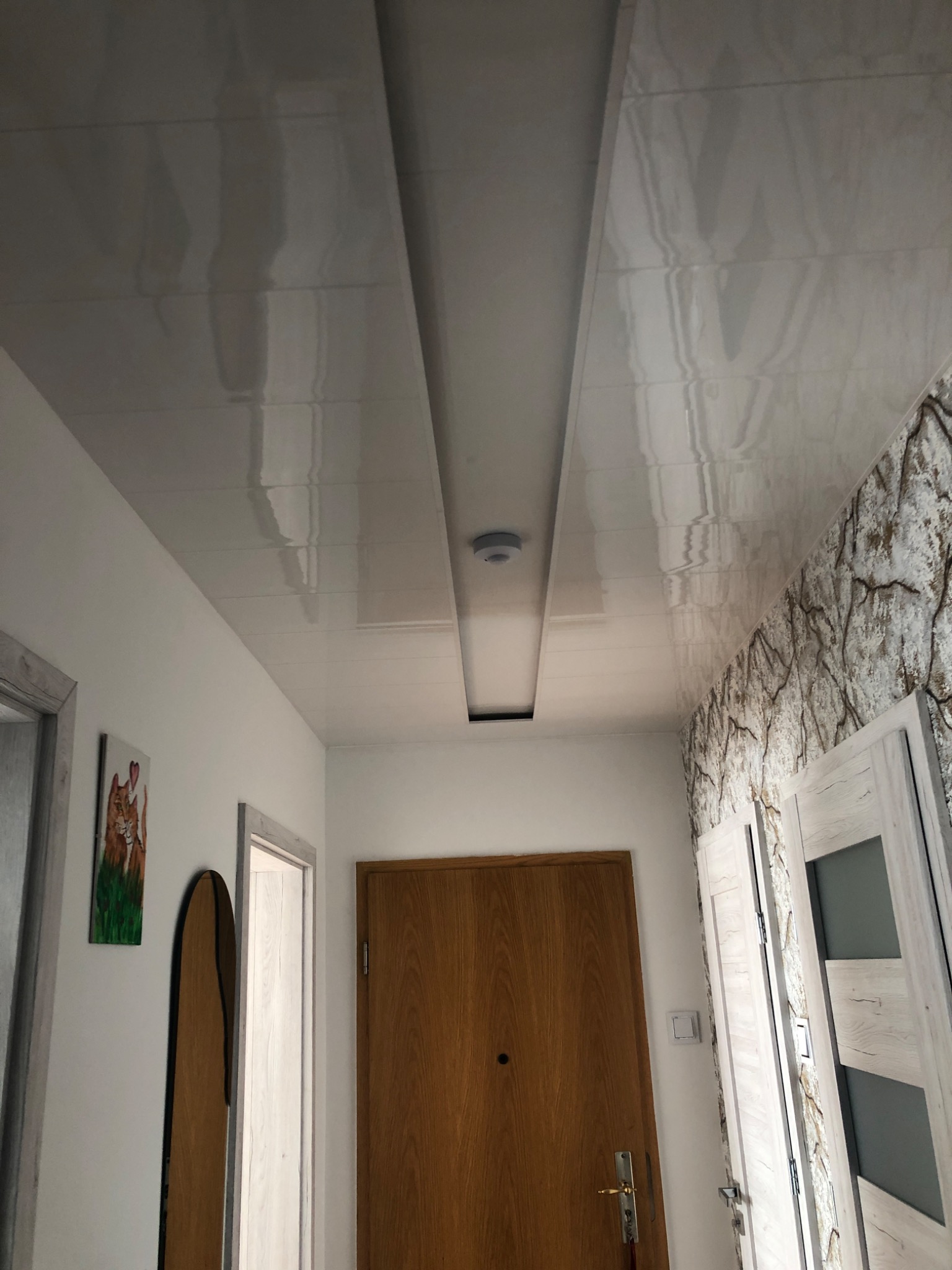 Błyszczący, biały sufit panelowy z podłużnym wnękowym oświetleniem w przedpokoju, widoczne drzwi drewniane i z okleiną imitującą kamień, obrazek na ścianie.