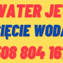 Żółte tło z napisem 'WATER JET' w kolorze czerwonym, 'CIĘCIE WODĄ' w kolorze niebieskim i numer telefonu 508 804 167 w kolorze czerwonym.