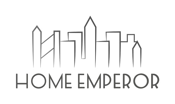 Minimalistyczne logo firmy 'HOME EMPEROR' przedstawiające zarys panoramy miasta w odcieniach szarości.