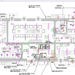 Usługi elektryczne Mikołajki - Schemat instalacji oświetleniowej biura z legendą opraw, widoczne rozdzielnice, inwerter, mikrorurka światłowodowa i oznaczenia punktów świetlnych.