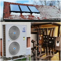 Zestawienie: Trzy kolektory słoneczne na czerwonej dachówce z resztkami śniegu, zewnętrzna jednostka pompy ciepła marki EOD Technologies na betonowej podstawie, oraz instalacja hydrauliczna...