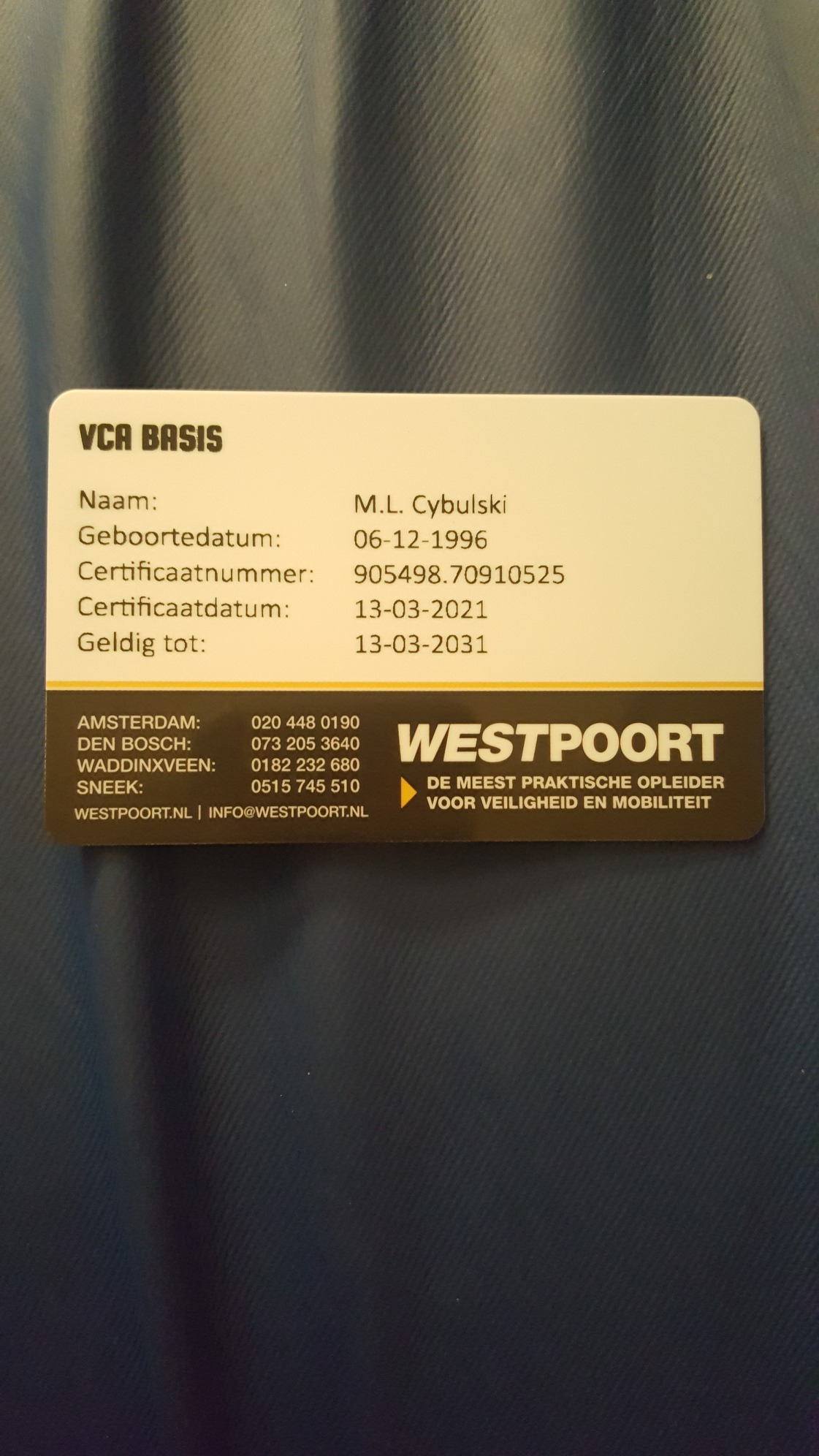 Karta certyfikatu VCA BASIS M.L. Cybulski z datą ważności do 13-03-2031, wydana przez Westpoort