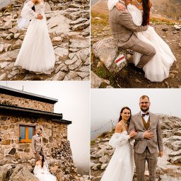 Kreatywna Fotografia Magdalena Saratowicz-BIałobok - Górski plener ślubny w Gorlicach: Panna młoda w zwiewnej sukni i pan młody w brązowym garniturze pozują na tle skalistego szczytu i schroniska.