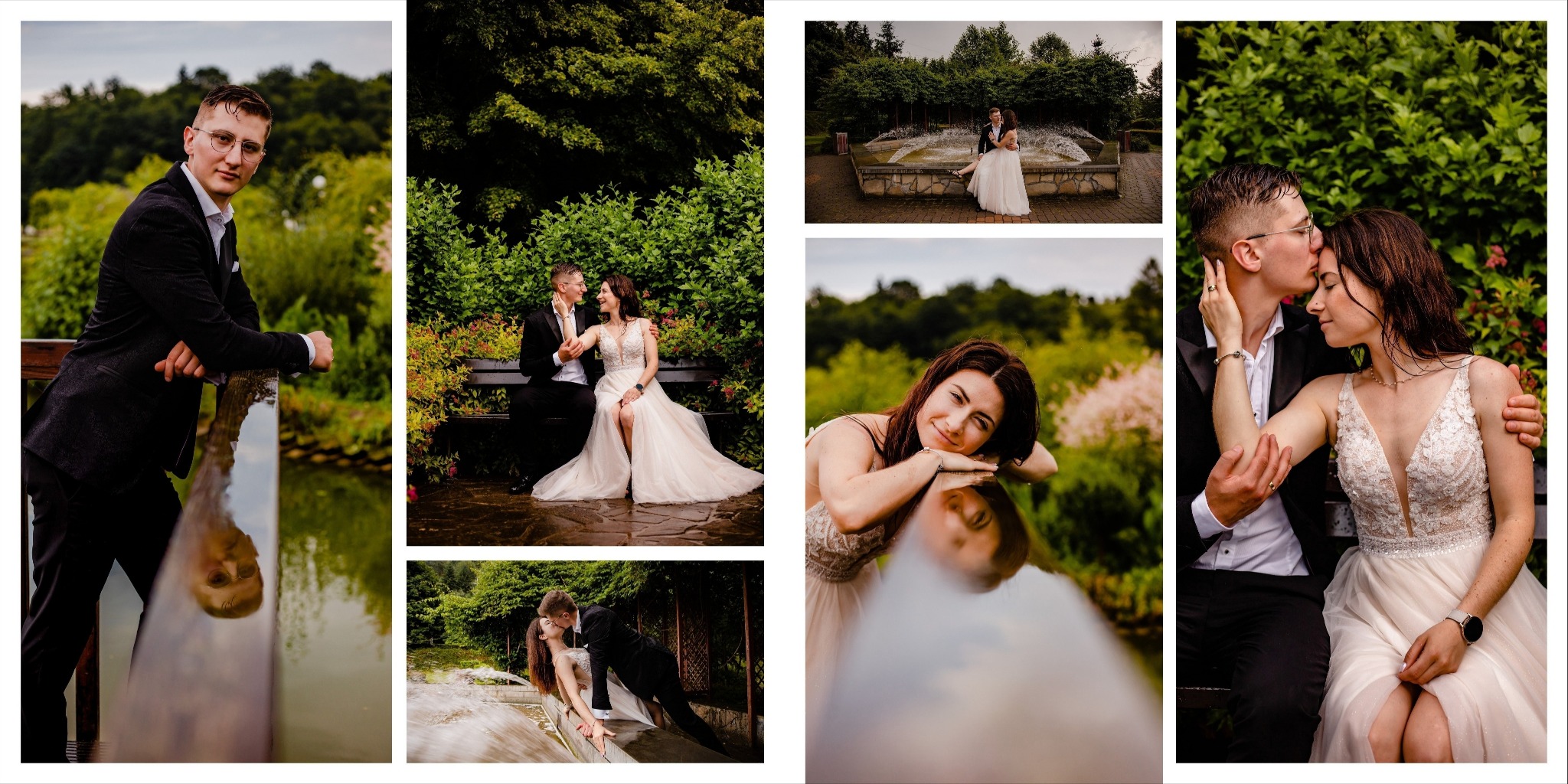Kolaż zdjęć z sesji ślubnej: para siedząca na ławce w parku, panna młoda oparta o barierkę z odbiciem twarzy, oraz ujęcia przy fontannie.