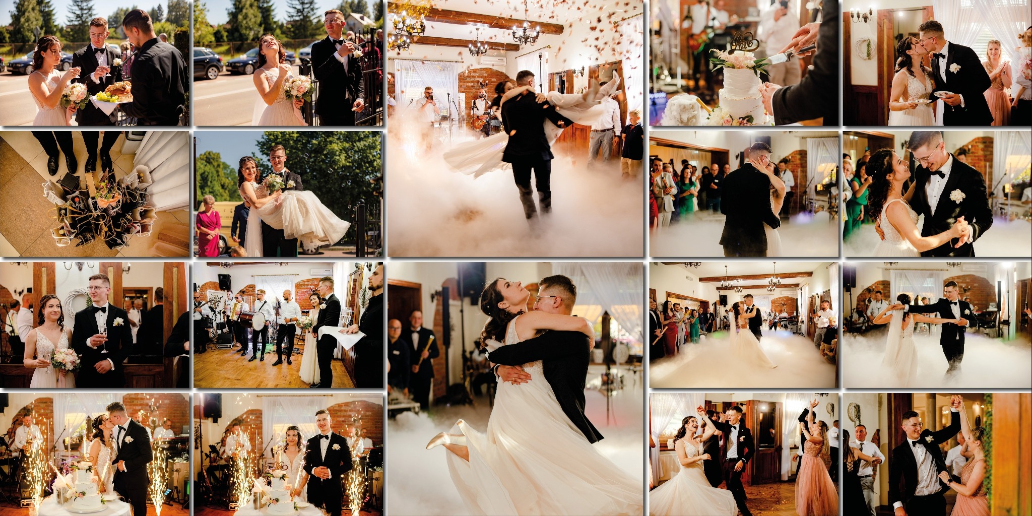 Kolaż z uroczystości ślubnej: para młoda w różnych ujęciach - taniec w dymie, krojenie tortu, pocałunki, radość z gośćmi, oraz zbliżenia na detale jak bukiet i szampan.
