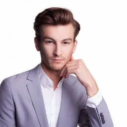 Portret młodego mężczyzny w jasnoszarym garniturze, opierającego brodę na dłoni, na białym tle.