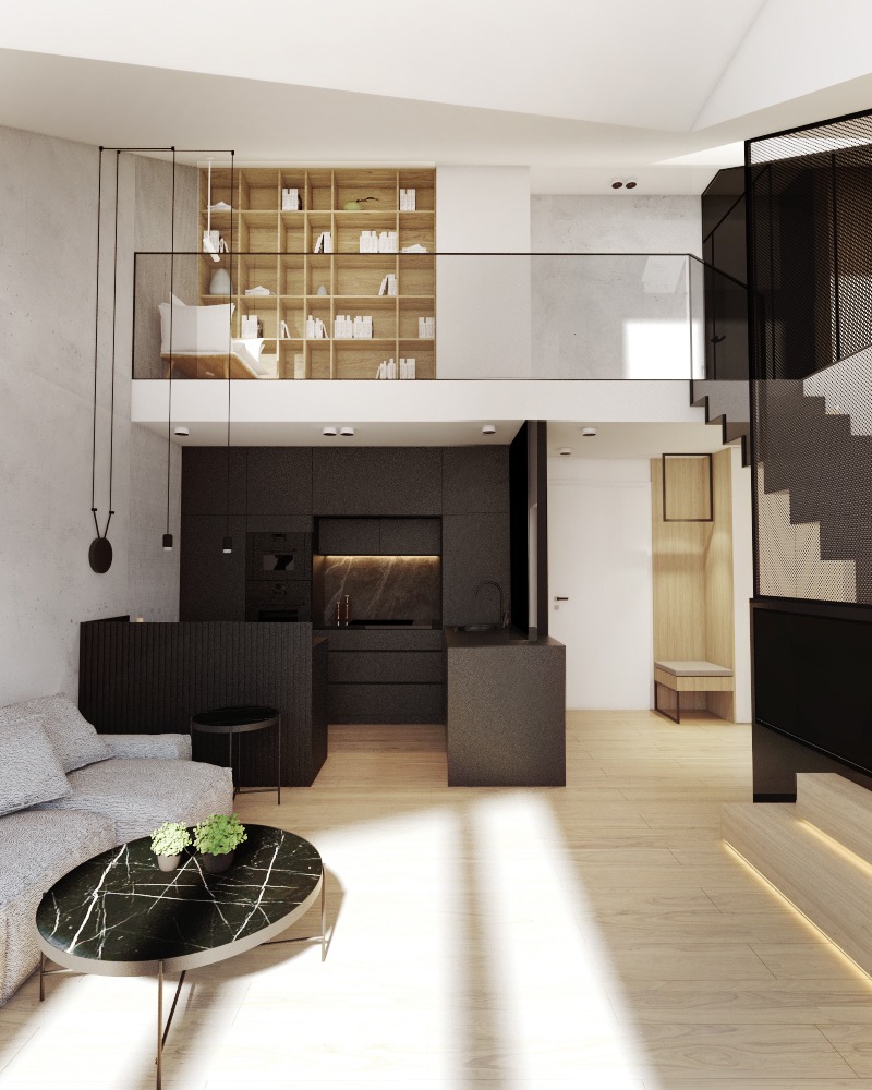 Nowoczesne wnętrze mieszkania z antresolą, czarna zabudowa kuchenna, marmurowy stolik kawowy i drewniana podłoga w jasnych odcieniach.