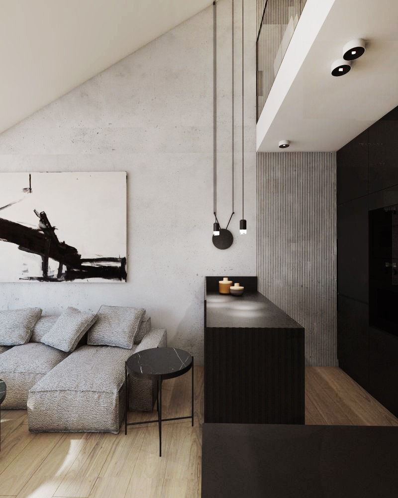 Minimalistyczny salon z szarą sofą modułową, abstrakcyjnym obrazem na ścianie, czarnym stolikiem kawowym i wiszącymi lampami w stylu loft, w jasnym wnętrzu z drewnianą podłogą.