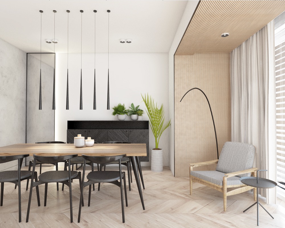 Nowoczesna jadalnia z drewnianym stołem, krzesłami w kolorze antracytowym, minimalistycznym oświetleniem wiszącym i dekoracyjną ścianą z drewnianych paneli, uzupełniona roślinami doniczkowymi...