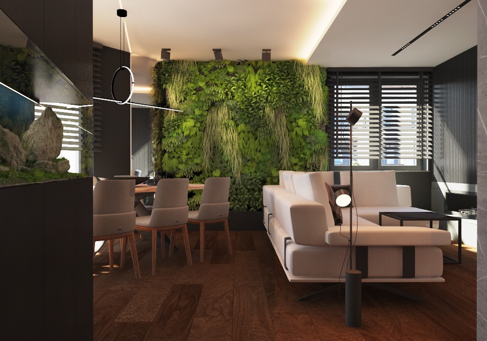 Nowoczesne wnętrze mieszkania z pionową ścianą zieleni, minimalistycznym oświetleniem i eleganckimi meblami w odcieniach szarości i drewna.