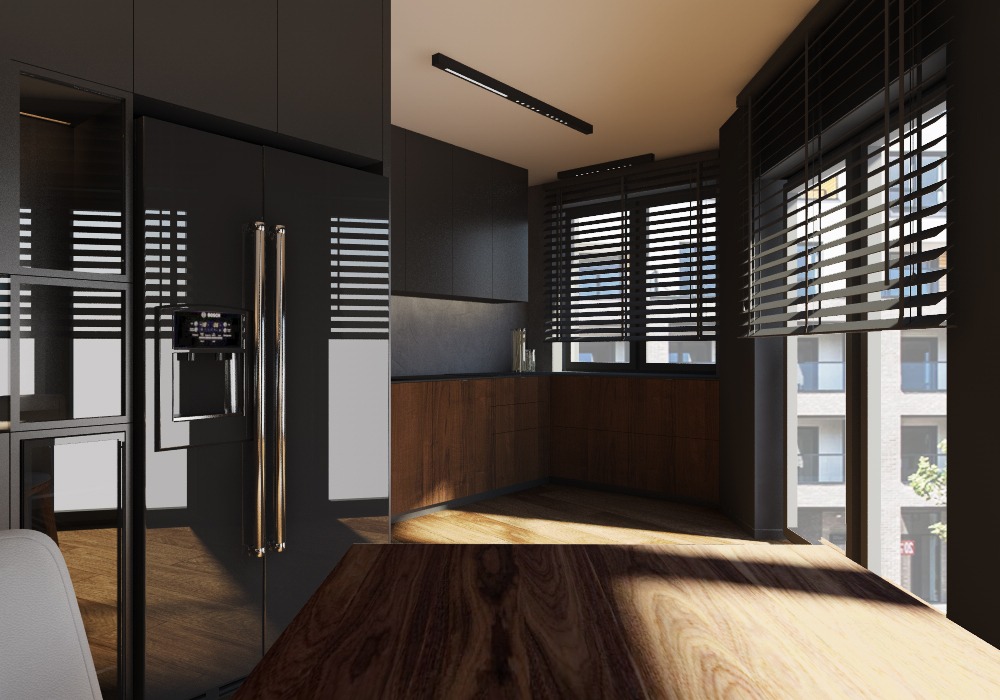Nowoczesna kuchnia z czarnymi szafkami, drewnianymi frontami i dużym oknem z żaluzjami, oświetlona światłem słonecznym padającym na drewniany stół.