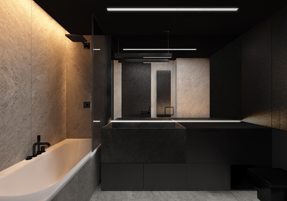 Minimalistyczna łazienka w odcieniach szarości i czerni z podświetlanym blatem umywalki i armaturą w matowej czerni, oświetlenie liniowe.