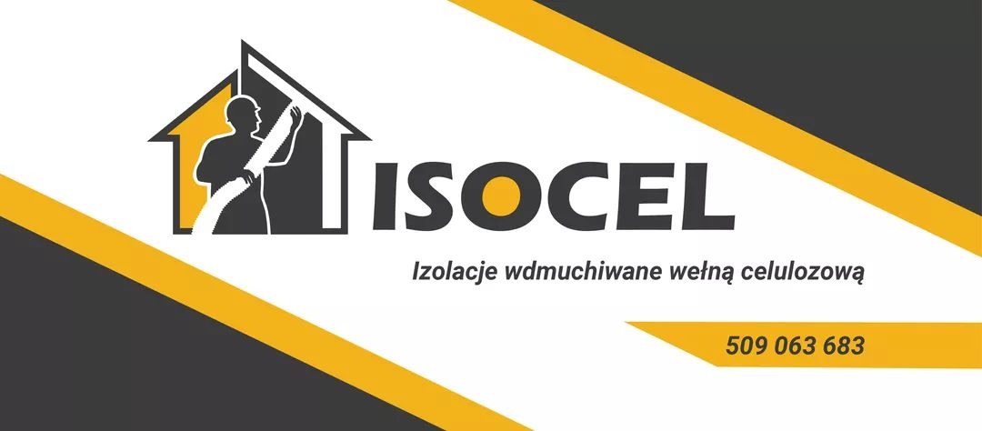 Logo firmy ISOCEL specjalizującej się w izolacjach wdmuchiwanych wełną celulozową, z sylwetką pracownika w domu i numerem telefonu.