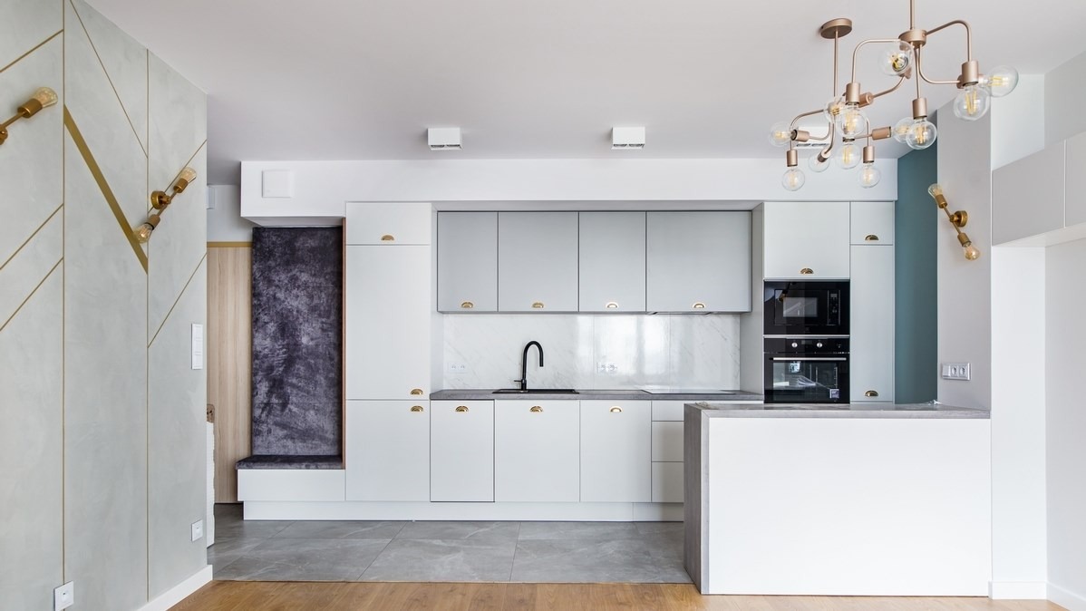 Wykończenie salonu z aneksem kuchennym, ul. Rydygiera, Kraków