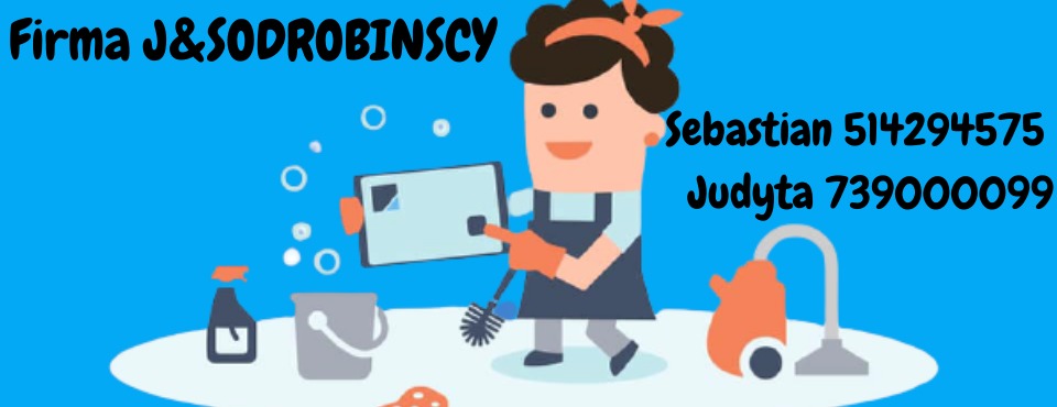 Ilustracja wektorowa przedstawiająca postać z narzędziami do sprzątania, obok nazwa firmy, numery telefonów i bąbelki na niebieskim tle.