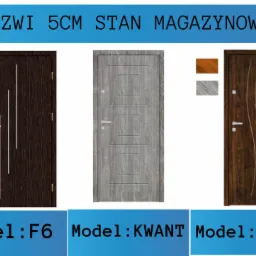 Katalogowe ujęcie trzech różnych modeli drzwi o grubości 5cm: F6 (ciemne drewno z białymi paskami), KWANT (szare drewno z poziomymi wgłębieniami) i D-4 (ciemne drewno z białymi falami).