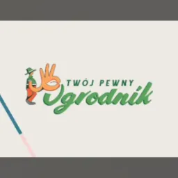 Grafika z logo firmy ogrodniczej: stylizowana dłoń z liściem, napis 'TWÓJ PEWNY Ogrodnik' i rysunkowe tło z motywami miejskimi i roślinnymi.