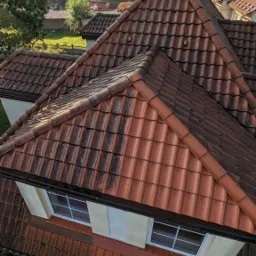 Częściowo umyty dach z czerwonej dachówki, z widocznymi oknami dachowymi i kominem, otoczony zielenią drzew i zabudowaniami w oddali. W dolnej części zdjęcia widoczna lanca do mycia ciśnieniowego.