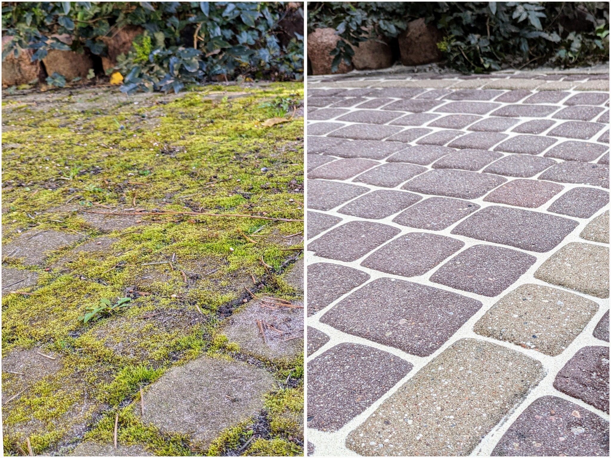 Porównanie stanu kostki brukowej przed i po czyszczeniu: zarośnięta mchem po lewej, czysta i odnowiona po prawej. Widoczne różnice w kolorze i strukturze nawierzchni.
