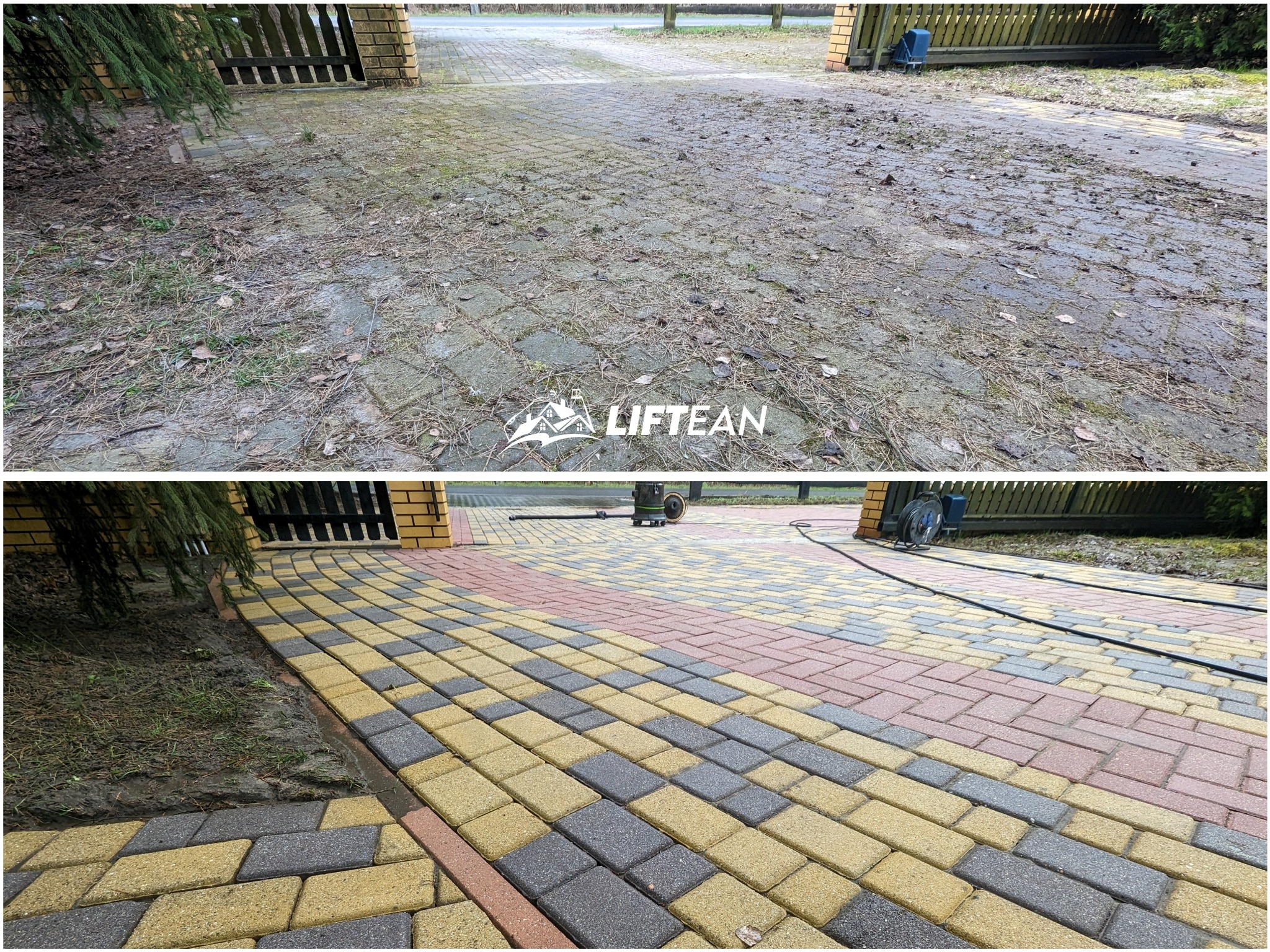 Porównanie kostki brukowej przed i po czyszczeniu: brudna, zarośnięta kostka pokryta liśćmi i igliwiem kontra czysta, wielokolorowa kostka brukowa z widocznym wzorem ułożenia, z tyłu widoczne...