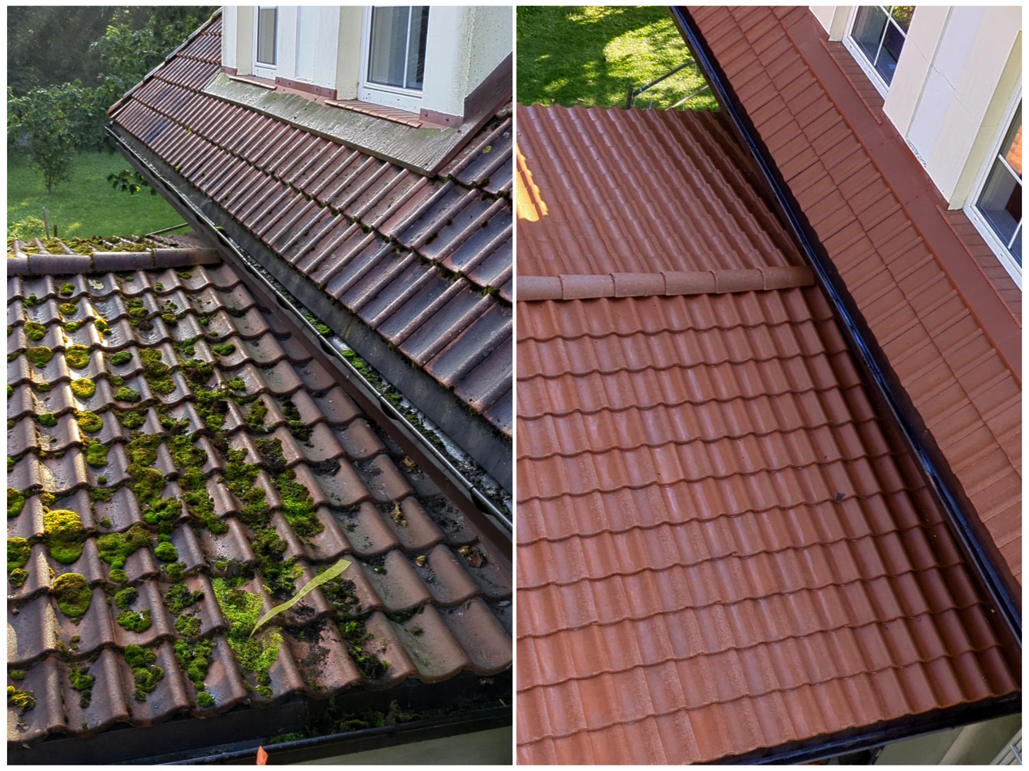 Porównanie dachu pokrytego brązową dachówką przed i po czyszczeniu: po lewej stronie dach z mchem i zabrudzeniami, po prawej czysty dach z widoczną teksturą dachówki i rynną.