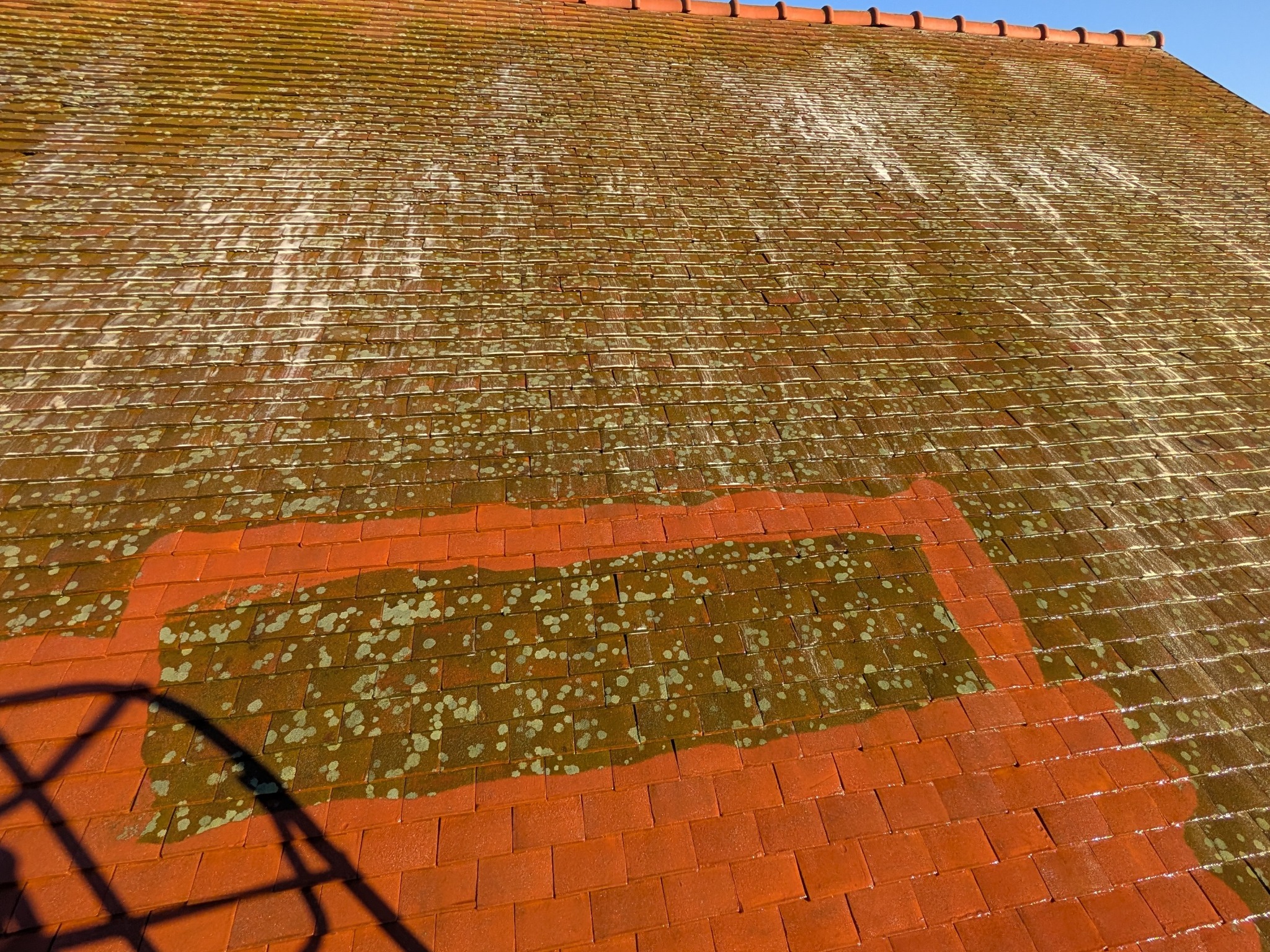 Częściowo oczyszczony, czerwony dach z dachówki ceramicznej, z widocznym kontrastem między obszarem pokrytym mchem i algami a czystą powierzchnią, cień na dole po lewej.