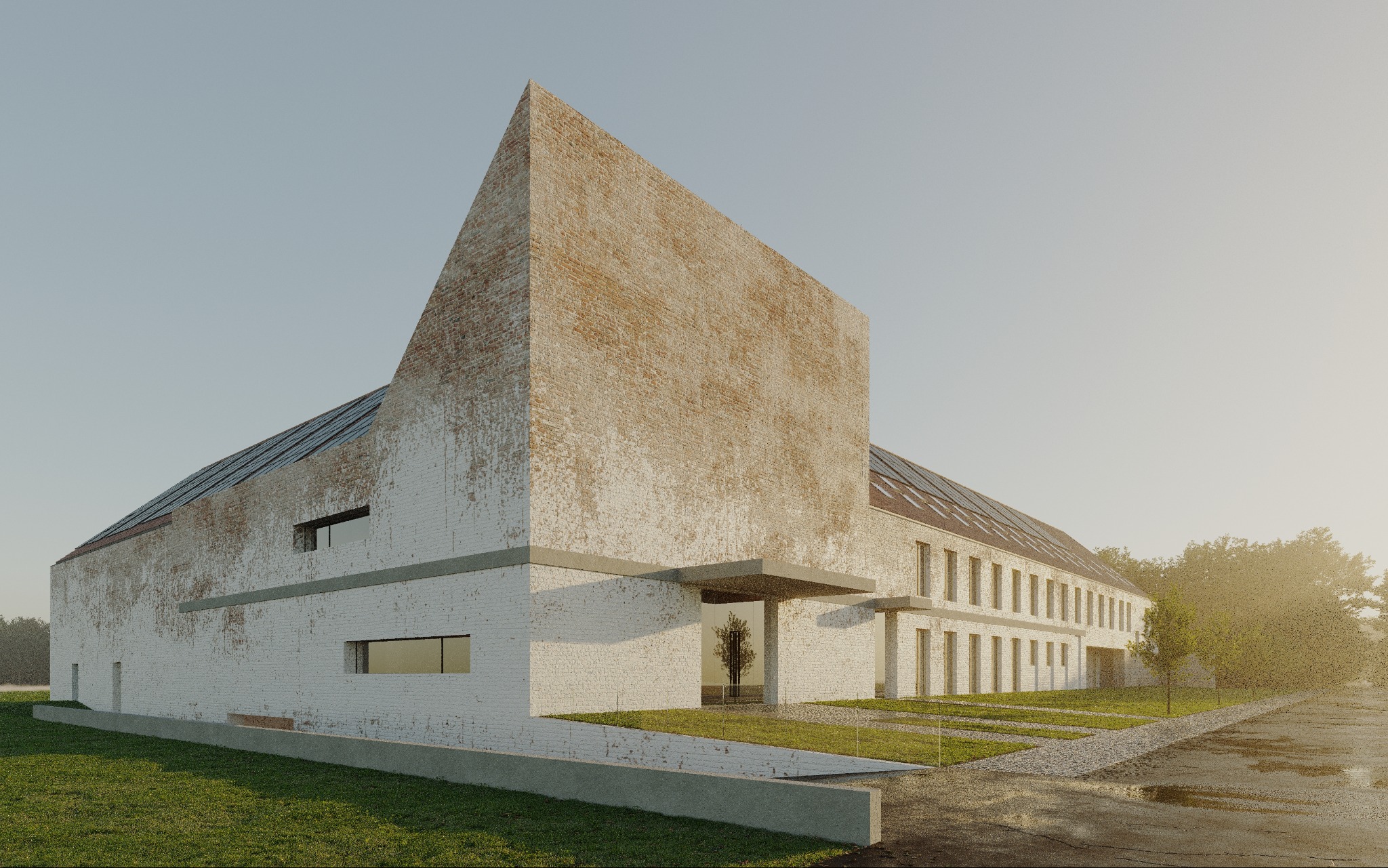 Wizualizacja budynku z cegły z panelami słonecznymi na dachu, nowoczesna architektura z wysoką ścianą szczytową i minimalistycznymi oknami.