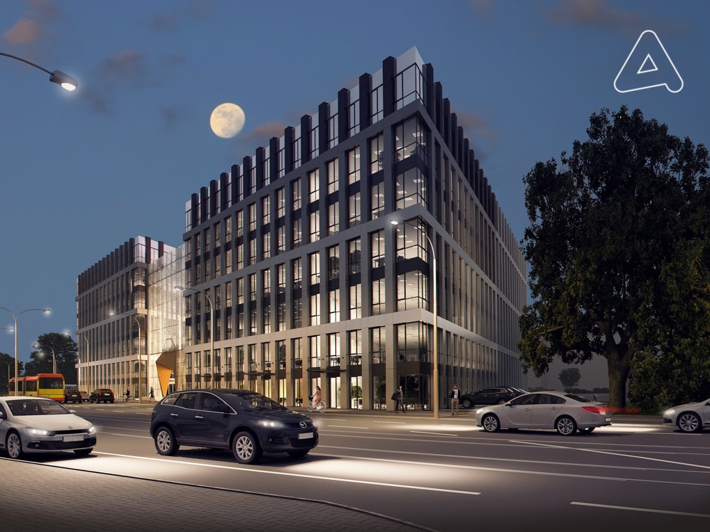 Wizualizacja budynku biurowego z elewacją z licznymi oknami i oświetleniem zewnętrznym, widoczny ruch uliczny i księżyc w tle.