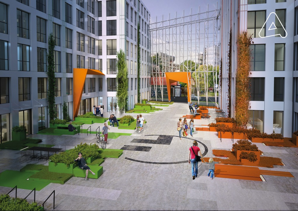 Wizualizacja dziedzińca nowoczesnego kompleksu budynków z pomarańczowymi akcentami architektonicznymi, zielonymi nasadzeniami i spacerującymi ludźmi.