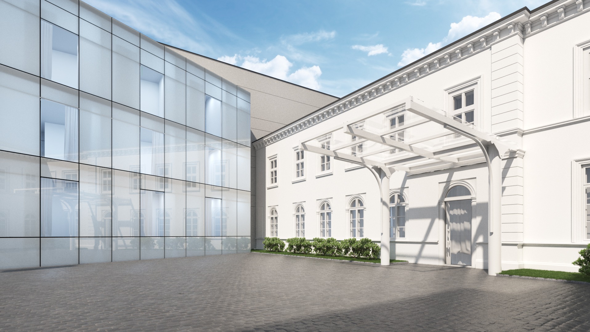 Nowoczesny budynek z fasadą ze szkła refleksyjnego i klasycznym, białym budynkiem z arkadami, na tle błękitnego nieba z chmurami.