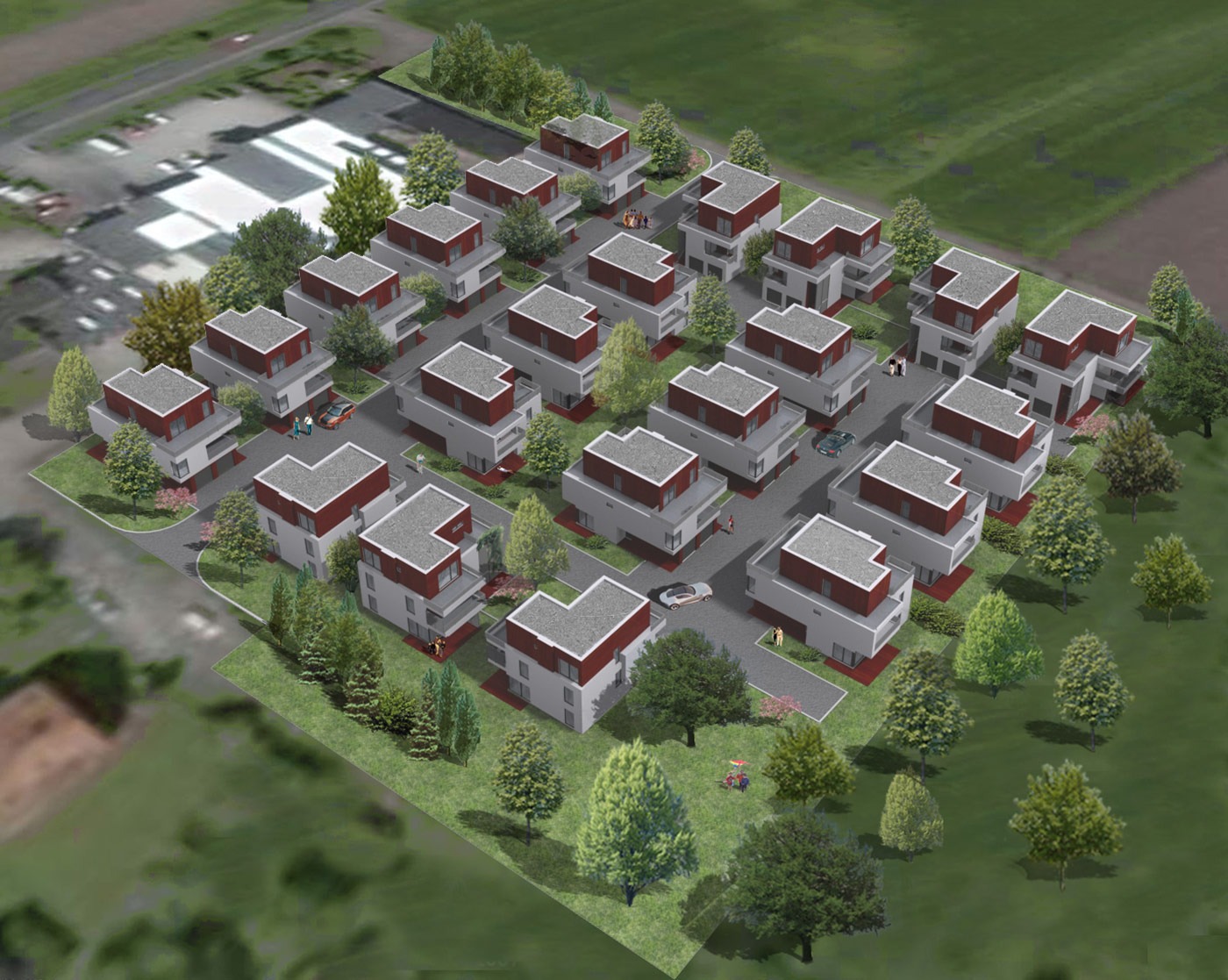 Wizualizacja osiedla domów jednorodzinnych z płaskimi dachami, widok z lotu ptaka, zieleń wokół budynków i parkingi.