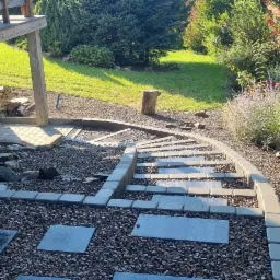 Ułożone płytki chodnikowe i obrzeża z kostki brukowej na żwirowym podłożu, tworzące ścieżkę w ogrodzie z widocznymi schodami i elementami architektury ogrodowej.