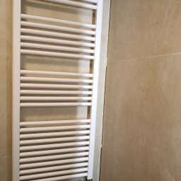 BUILD-MAX - Biały, drabinkowy grzejnik łazienkowy zamontowany na beżowej, ceramicznej ścianie. Widoczny zawór termostatyczny. Ujęcie z bliska, prezentujące detale instalacji.