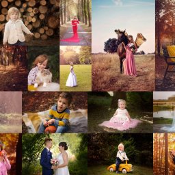 Foto Artist Fotografia Monika Jachowicz - Kompozycja kolażu z kilkunastu zdjęć przedstawiających ludzi w różnych sceneriach: para z niemowlęciem w studio, dziewczynka w lesie, kobieta w ciąży w parku, kobieta z koniem, dziecko na ławce...