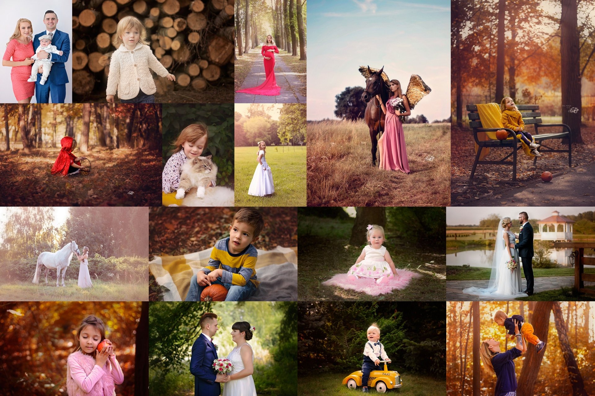 Kompozycja kolażu z kilkunastu zdjęć przedstawiających ludzi w różnych sceneriach: para z niemowlęciem w studio, dziewczynka w lesie, kobieta w ciąży w parku, kobieta z koniem, dziecko na ławce...