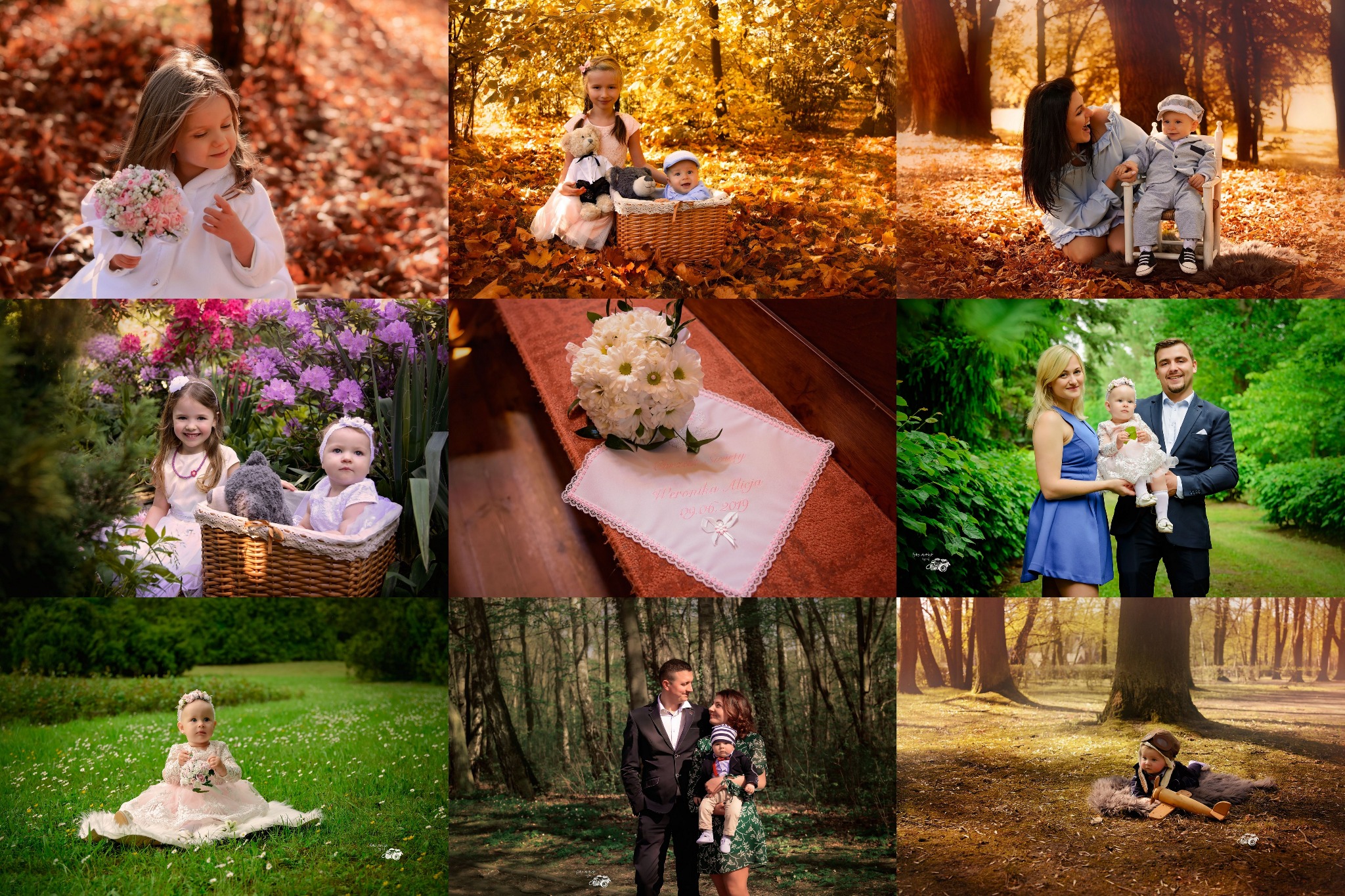 Kolaż zdjęć przedstawiających dzieci i rodziny w różnych sceneriach plenerowych, w tym jesienne liście, kwiaty, las i trawnik, z wykorzystaniem rekwizytów takich jak kosze, zabawki i małe krzesełko.