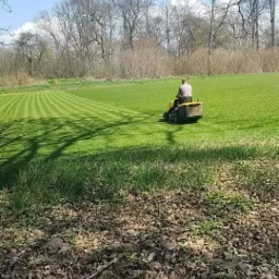 Mężczyzna kosi trawę traktorkiem na rozległym, zielonym trawniku, tworząc równoległe pasy; w tle drzewa bez liści pod błękitnym niebem.