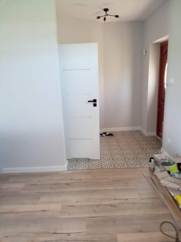 Nowoczesne oświetlenie sufitowe w przedpokoju z białymi ścianami, białą stolarką drzwiową i dwoma rodzajami podłóg: panele drewnopodobne oraz wzorzysta terakota.