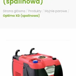 Mobilna myjnia parowa Optima XD w kolorze czerwono-czarnym, z widocznymi kołami i uchwytami, prezentowana na stronie internetowej producenta.