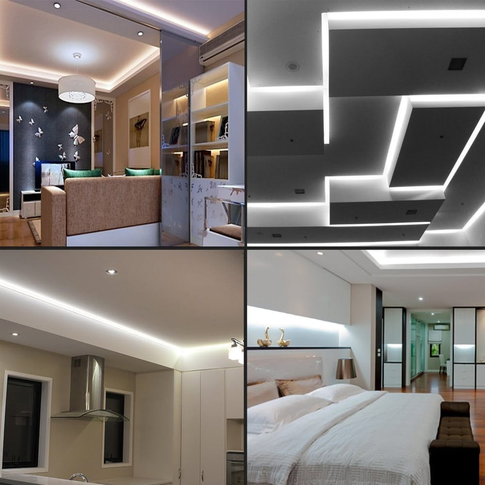 Kolaż przedstawiający aranżacje sufitów z ukrytym, liniowym źródłem światła LED w salonie, kuchni i sypialni.