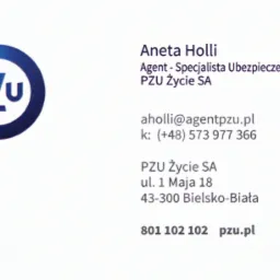Wizytówka agenta ubezpieczeniowego PZU Życie SA, Aneta Holli, z logo, danymi kontaktowymi i adresem.