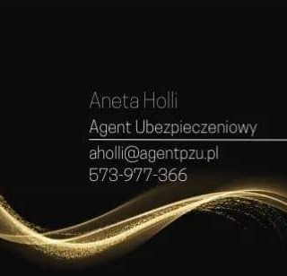 Wizytówka agenta ubezpieczeniowego Anety Holli na czarnym tle z abstrakcyjnymi złotymi falami.