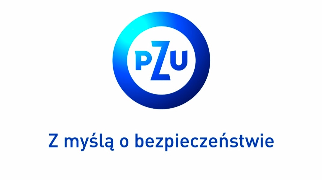 Logo PZU z hasłem 'Z myślą o bezpieczeństwie' na białym tle, gradientowe przejście koloru niebieskiego.