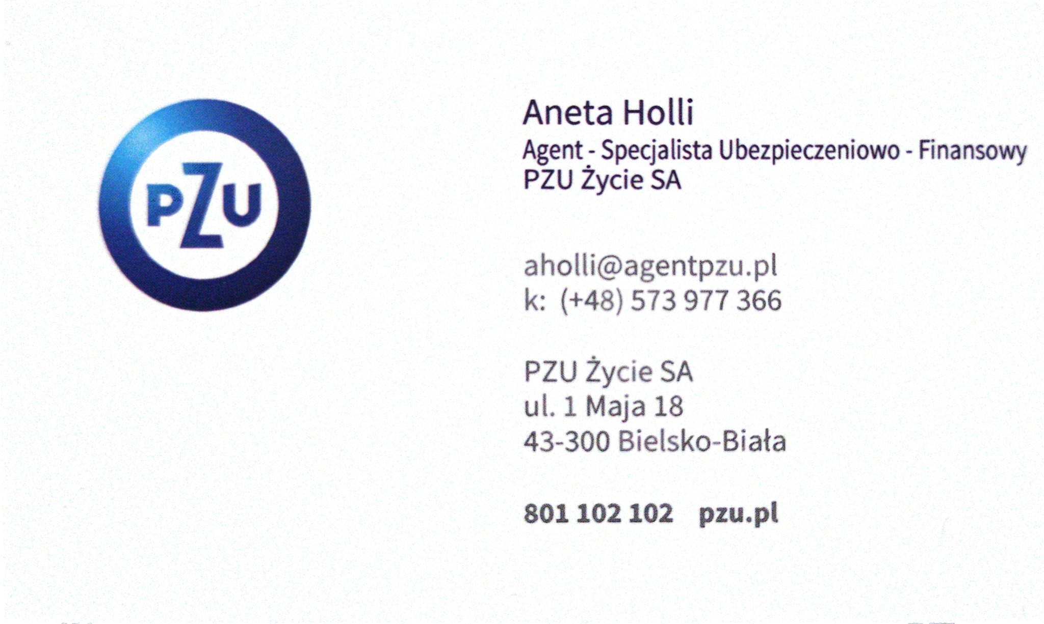 Wizytówka agenta ubezpieczeniowego PZU Życie SA, Aneta Holli, z logo, danymi kontaktowymi i adresem.