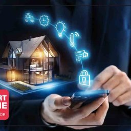 FŁ-INSTALALACJE - Sterowanie inteligentnym domem za pomocą smartfona. Wizualizacja domu z ikonami: kran, zegar, żarówka, termometr, kamera, kłódka. Instalator systemów smart home.