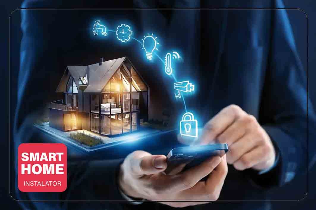 Sterowanie inteligentnym domem za pomocą smartfona. Wizualizacja domu z ikonami: kran, zegar, żarówka, termometr, kamera, kłódka. Instalator systemów smart home.