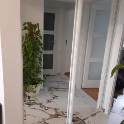 Białe drzwi wewnętrzne z przeszkleniami i marmurowa posadzka z widocznym odbiciem w lustrze, uzupełnione zieloną rośliną doniczkową.