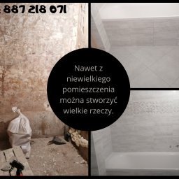 Grzegorz Idziak Anowi Usługi remontowo-budowlane - Kontrastowe zestawienie stanu łazienki przed i po: surowe ściany z odpadającym tynkiem, narzędzia i worek gruzu kontra wykończona łazienka z jasnymi płytkami i wanną.