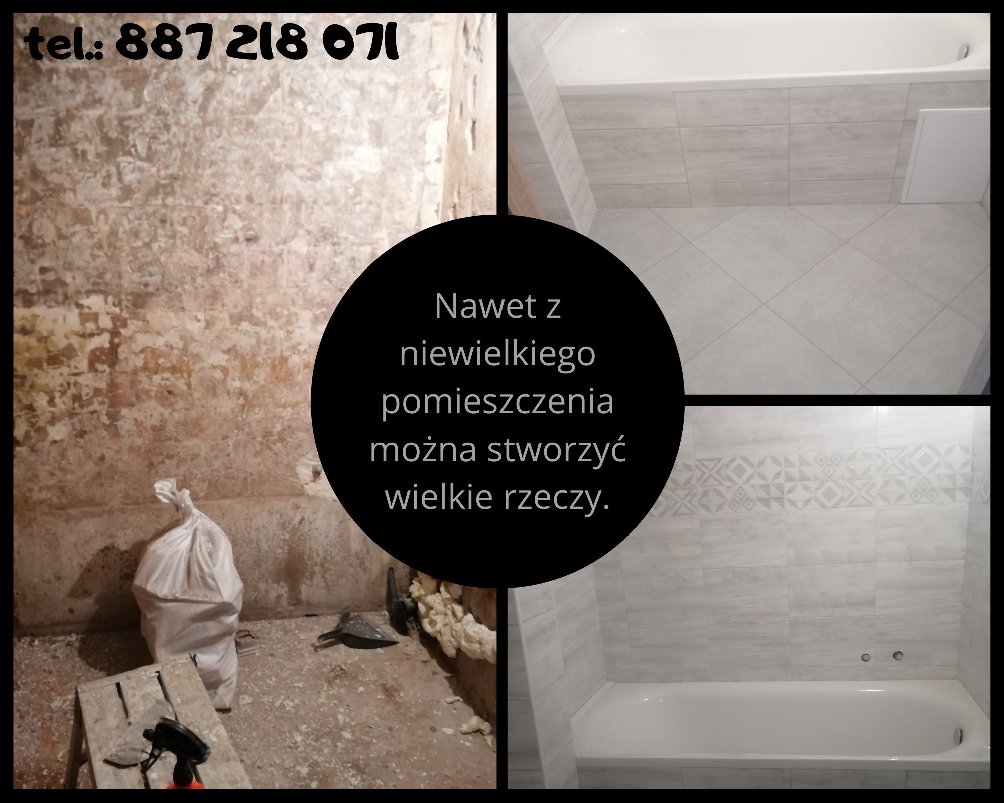 Kontrastowe zestawienie stanu łazienki przed i po: surowe ściany z odpadającym tynkiem, narzędzia i worek gruzu kontra wykończona łazienka z jasnymi płytkami i wanną.